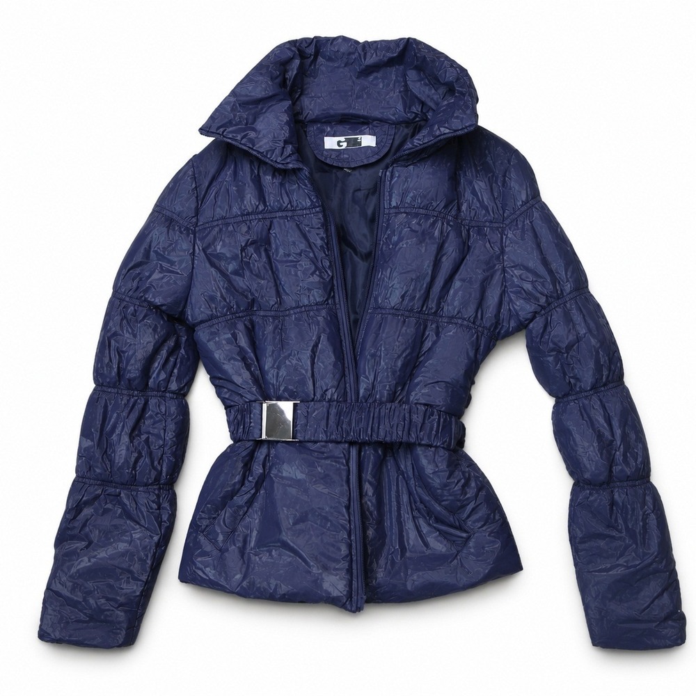 Ginz Navy Crinkle Nylon Belted Quilted Jacket Women's S Made in Italy Y2K
